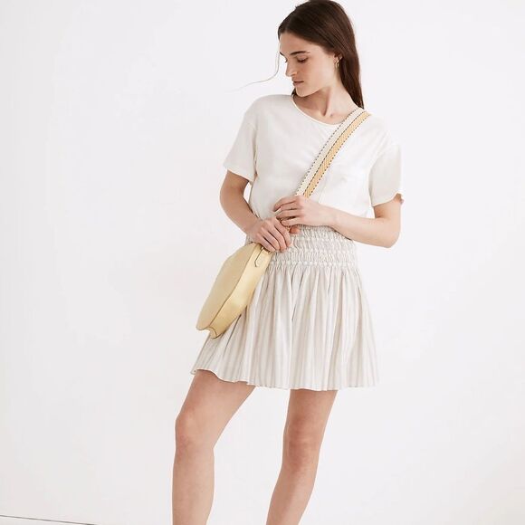 Madewell Smocked Pull-On Mini Skirt‎ in Neutral Stripe NA223 Size Small - Picture 1 of 9